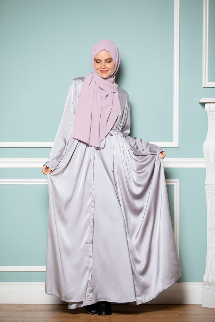 Silver Satin Drawstring Open Front Abaya-CLEARANCE