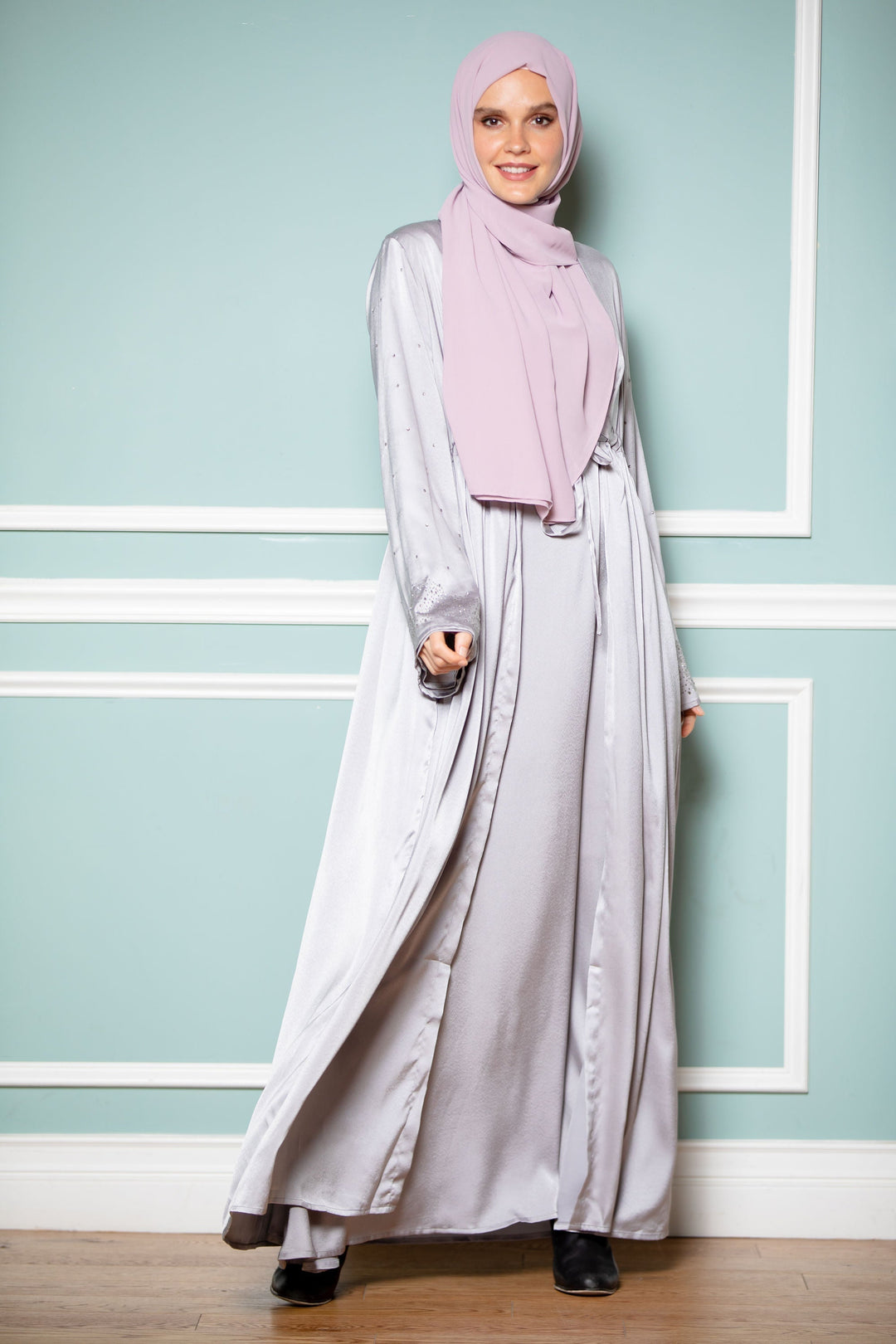 Silver Satin Drawstring Open Front Abaya-CLEARANCE