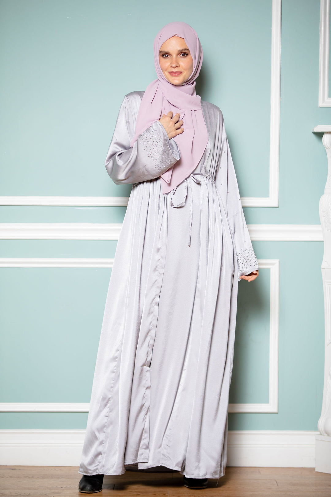 Silver Satin Drawstring Open Front Abaya-CLEARANCE