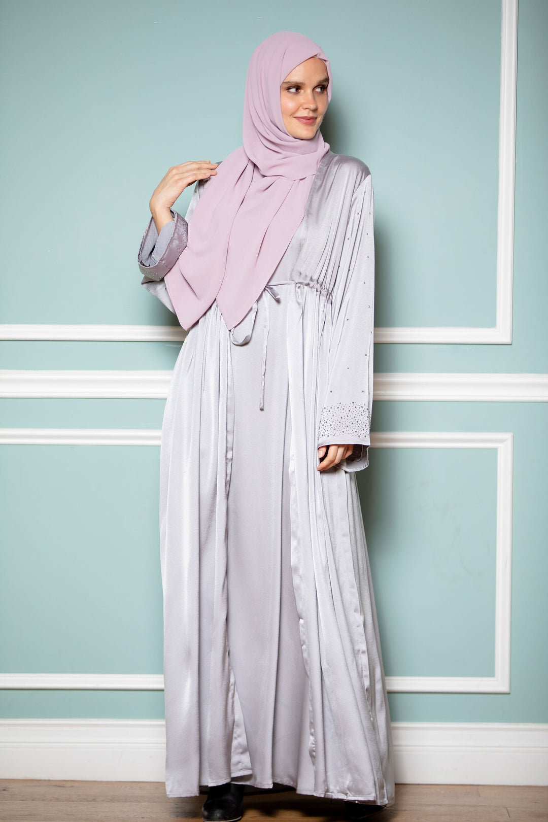 Silver Satin Drawstring Open Front Abaya-CLEARANCE