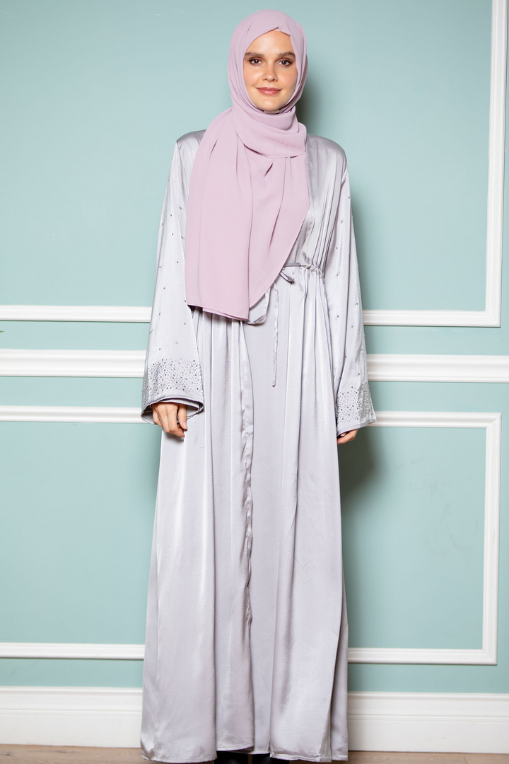 Silver Satin Drawstring Open Front Abaya-CLEARANCE