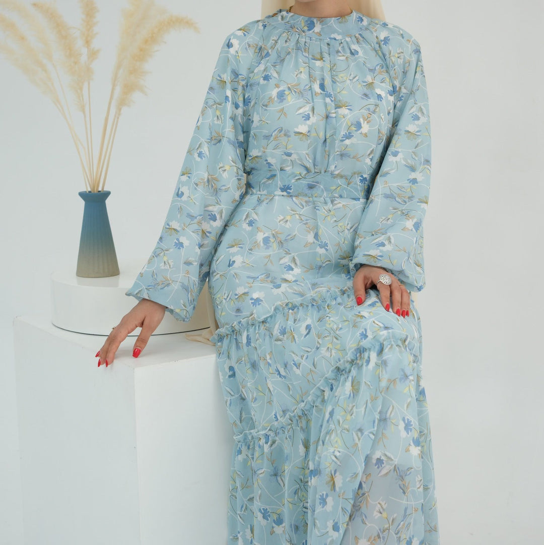 Sky Blue Floral Print Tiered Maxi Dress - Urban Modesty