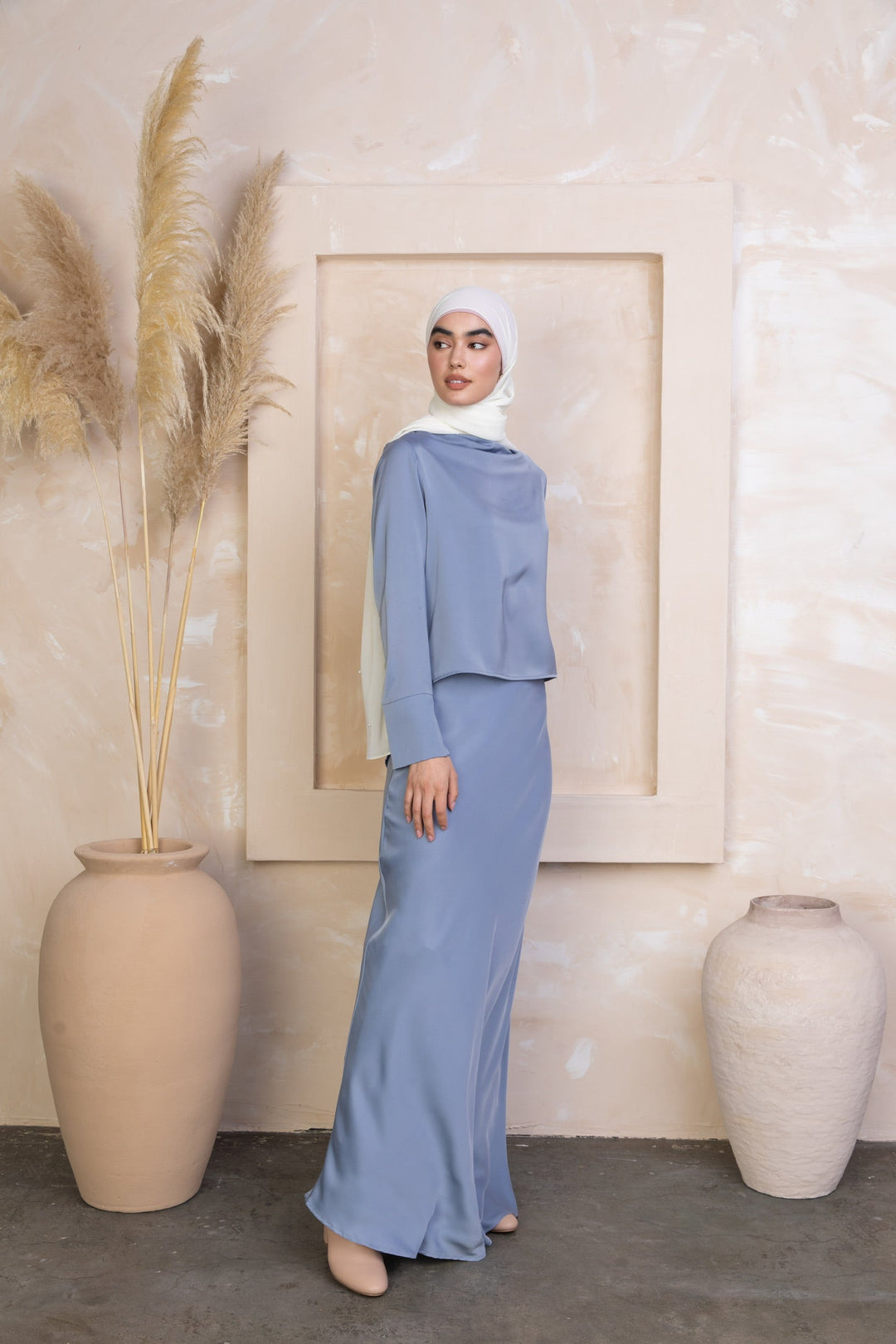 Sky Blue Satin Long Sleeve Skirt Set-PREORDER