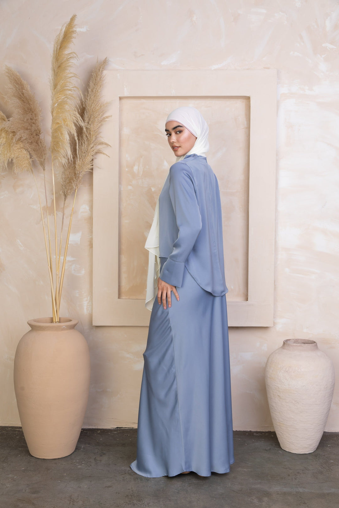 Sky Blue Satin Long Sleeve Skirt Set-PREORDER