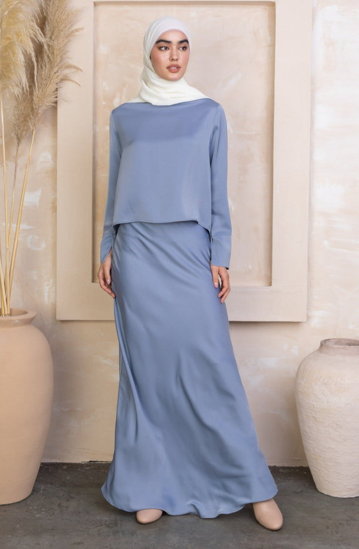 Sky Blue Satin Long Sleeve Skirt Set-PREORDER