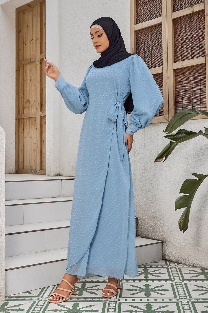 Sky Blue Side Wrap Bell Sleeve Maxi Dress-CLEARANCE