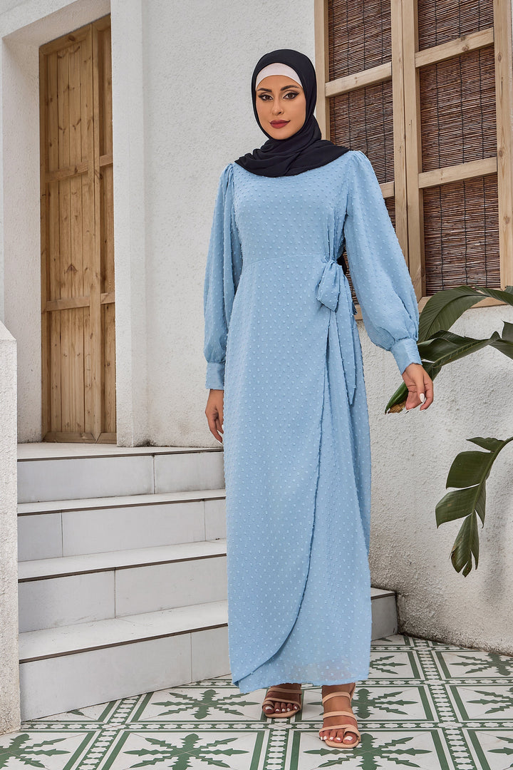 Sky Blue Side Wrap Bell Sleeve Maxi Dress-CLEARANCE