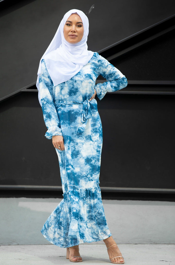 Sky Blue Tye Dye Long Sleeve Maxi Dress - Urban Modesty