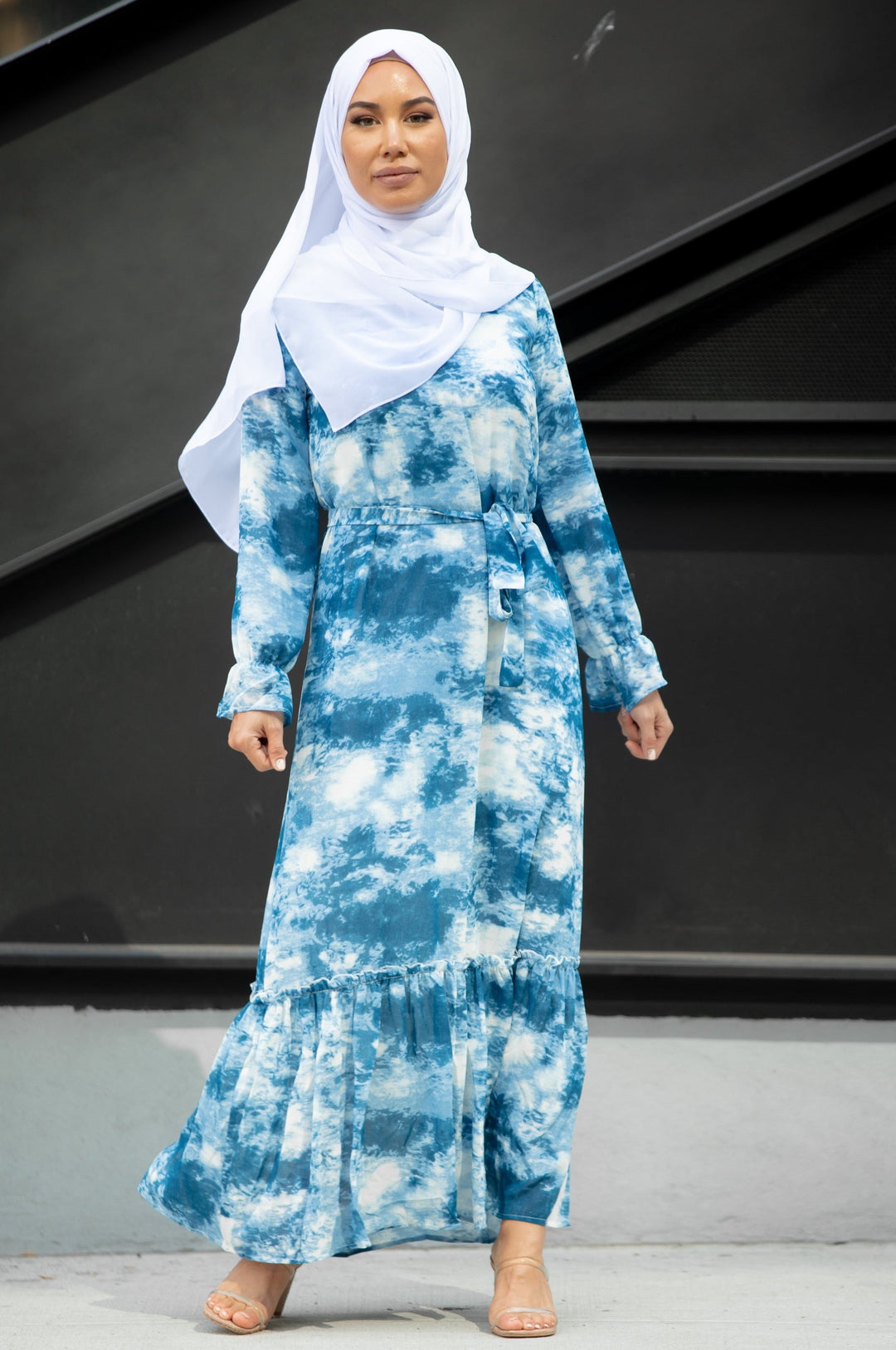 Sky Blue Tye Dye Long Sleeve Maxi Dress - Urban Modesty