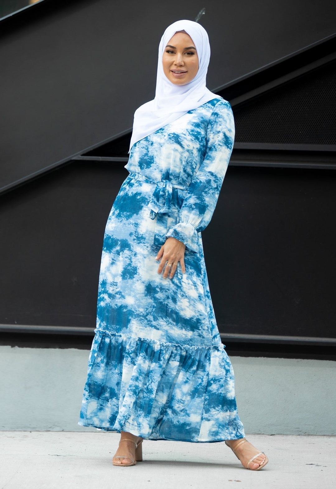 Sky Blue Tye Dye Long Sleeve Maxi Dress - Urban Modesty