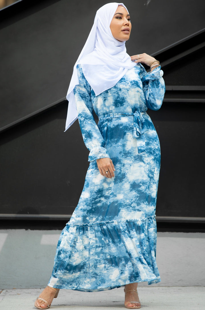 Sky Blue Tye Dye Long Sleeve Maxi Dress - Urban Modesty