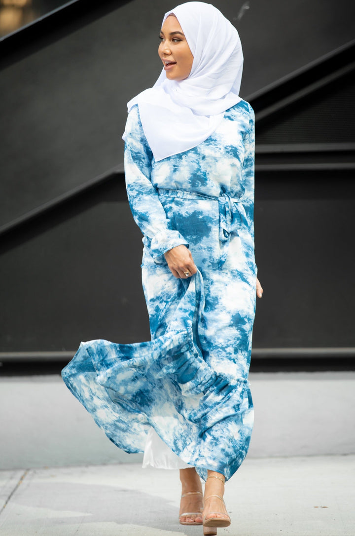 Sky Blue Tye Dye Long Sleeve Maxi Dress - Urban Modesty