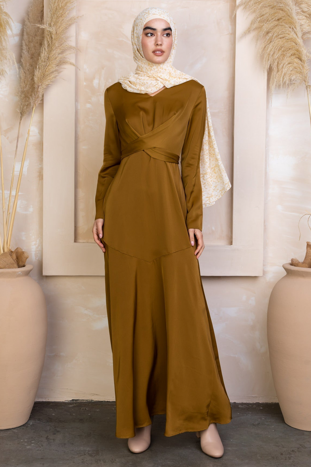 Spiced Criss Cross Satin Long Sleeve Maxi Dress