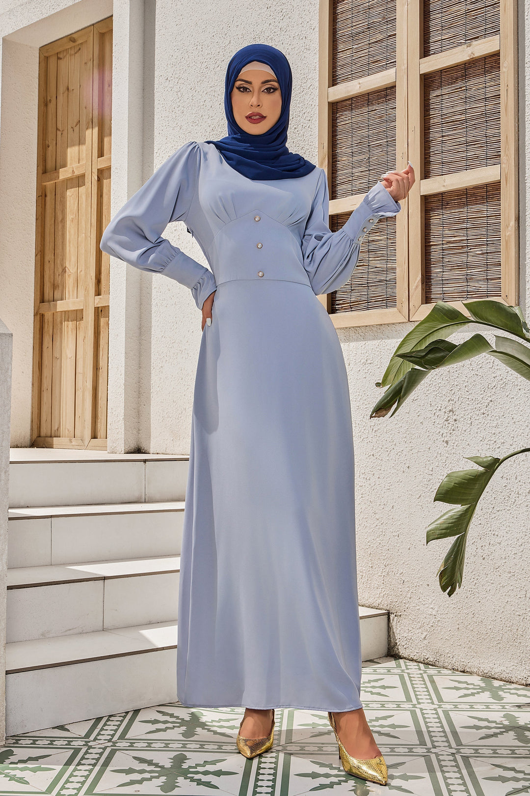 Steel Blue Bell Sleeve Maxi Dress-CLEARANCE