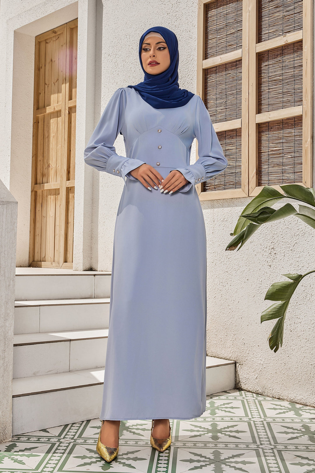 Steel Blue Bell Sleeve Maxi Dress-CLEARANCE