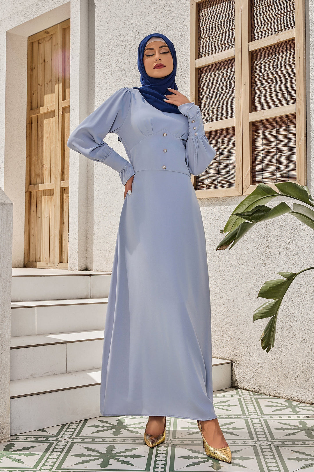 Steel Blue Bell Sleeve Maxi Dress-CLEARANCE