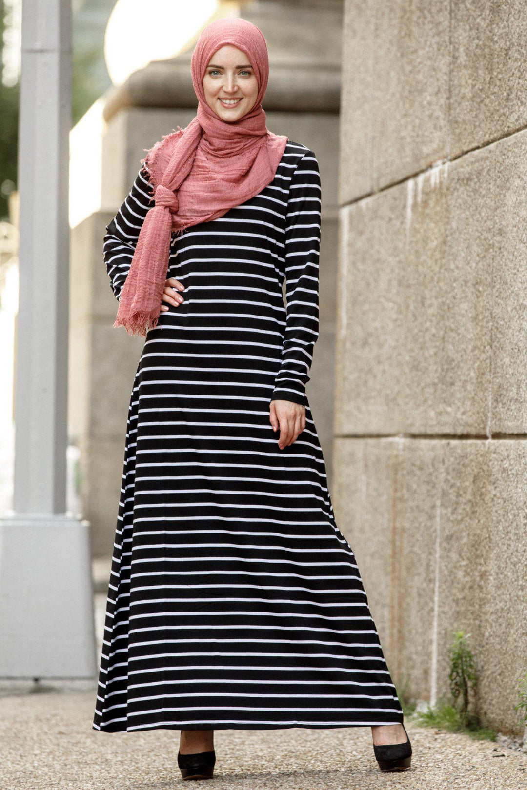 Striped Long Sleeve Maxi Dress - Urban Modesty