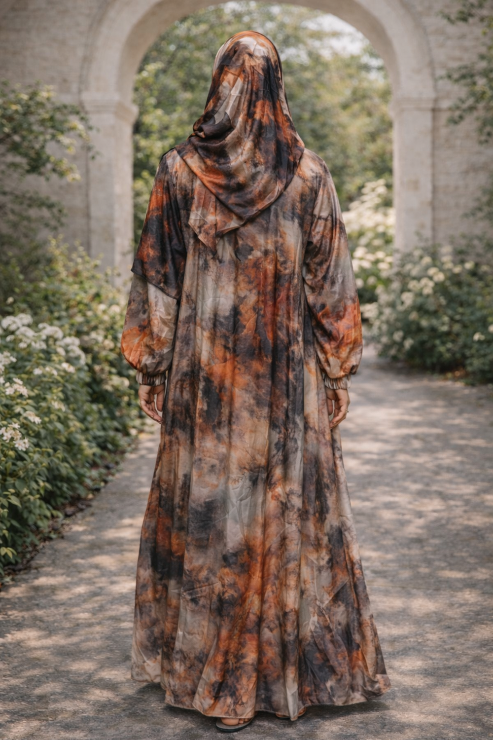Back view of Sunset Vibes One Piece Salah Prayer Outfit in a garden setting.