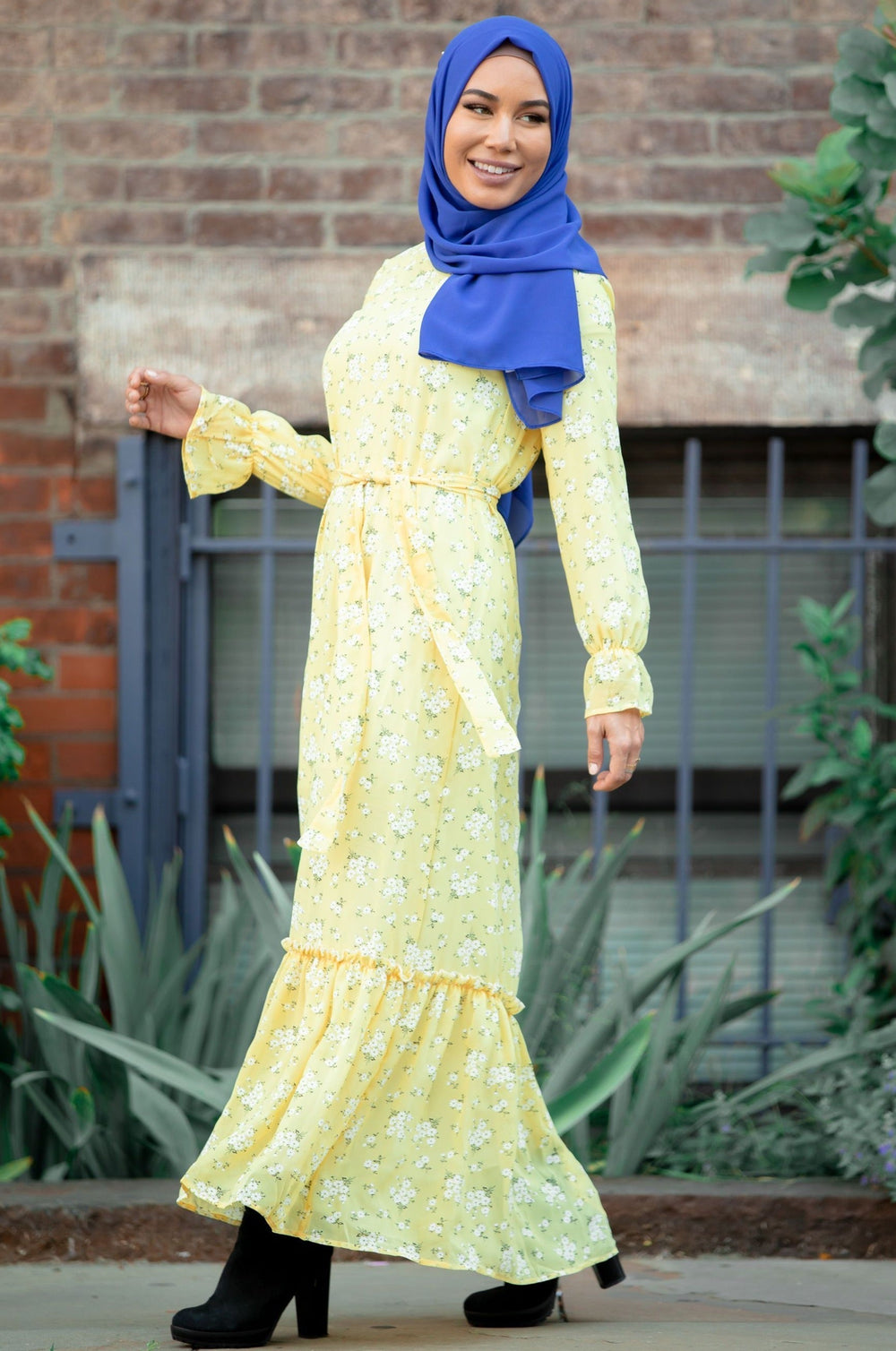 Sunshine Yellow Floral Long Sleeve Maxi Dress - Urban Modesty