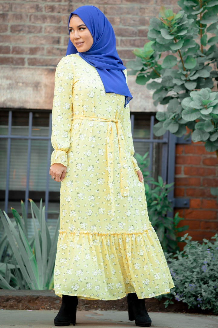 Sunshine Yellow Floral Long Sleeve Maxi Dress - Urban Modesty