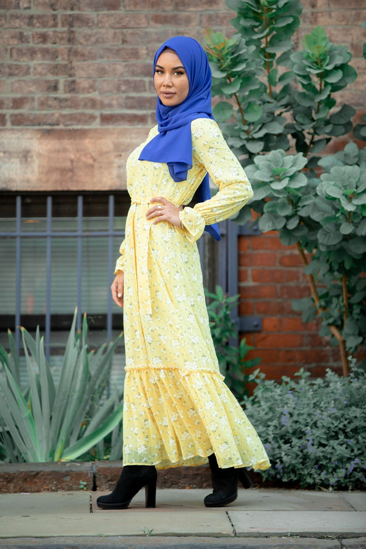 Sunshine Yellow Floral Long Sleeve Maxi Dress - Urban Modesty