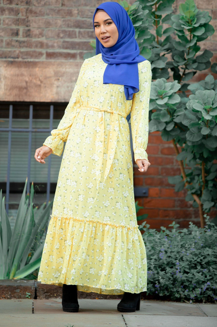 Sunshine Yellow Floral Long Sleeve Maxi Dress - Urban Modesty