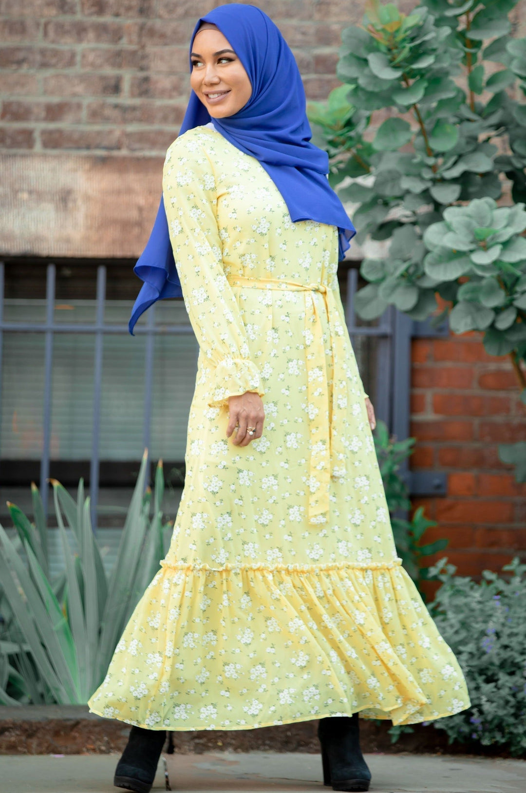 Sunshine Yellow Floral Long Sleeve Maxi Dress - Urban Modesty