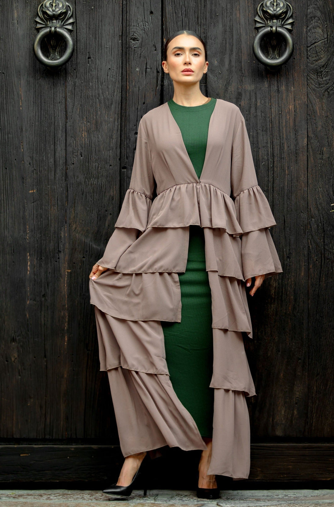 Taupe Cascading Ruffles Open Front Abaya-CLEARANCE