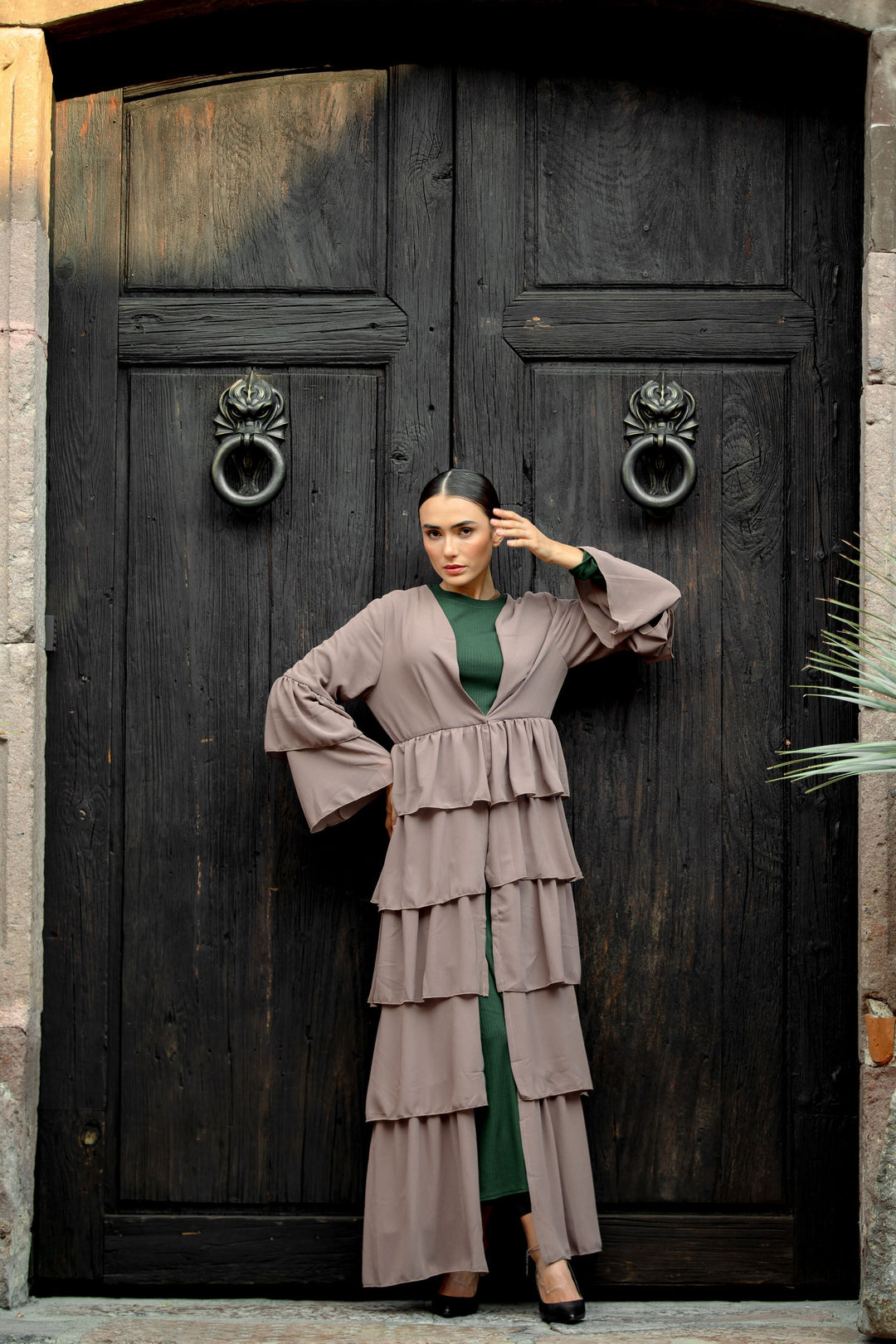 Taupe Cascading Ruffles Open Front Abaya-CLEARANCE