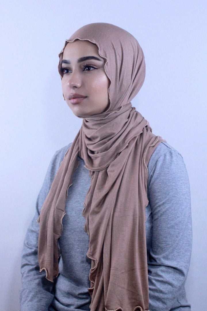 Taupe Jersey Solid With Beaded Trim Hijab