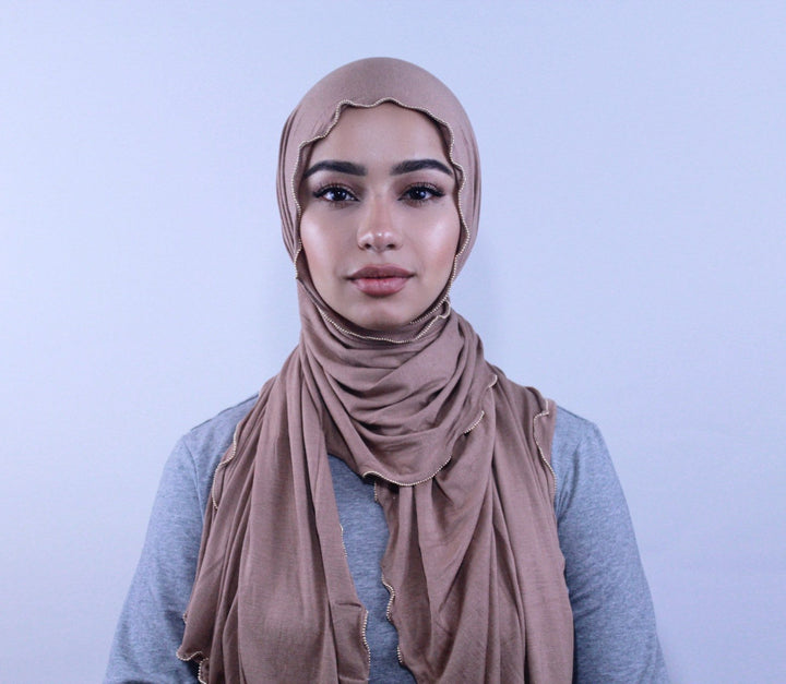 Taupe Jersey Solid With Beaded Trim Hijab