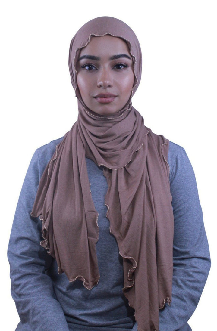 Taupe Jersey Solid With Beaded Trim Hijab