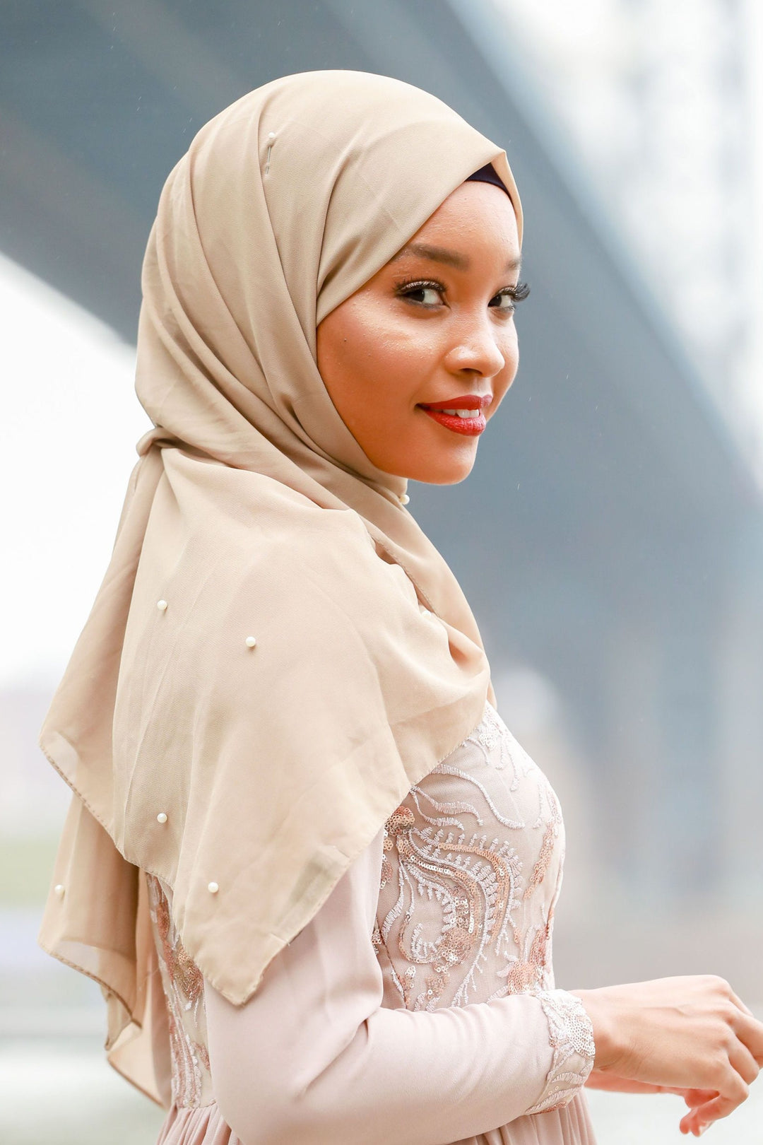 Taupe Pearl Chiffon Hijab - Urban Modesty