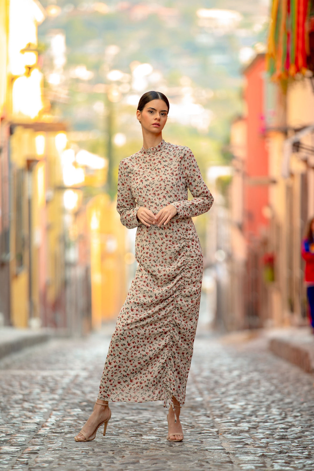 Taupe Rose Ruched Floral Long Sleeve Maxi Dress-CLEARANCE