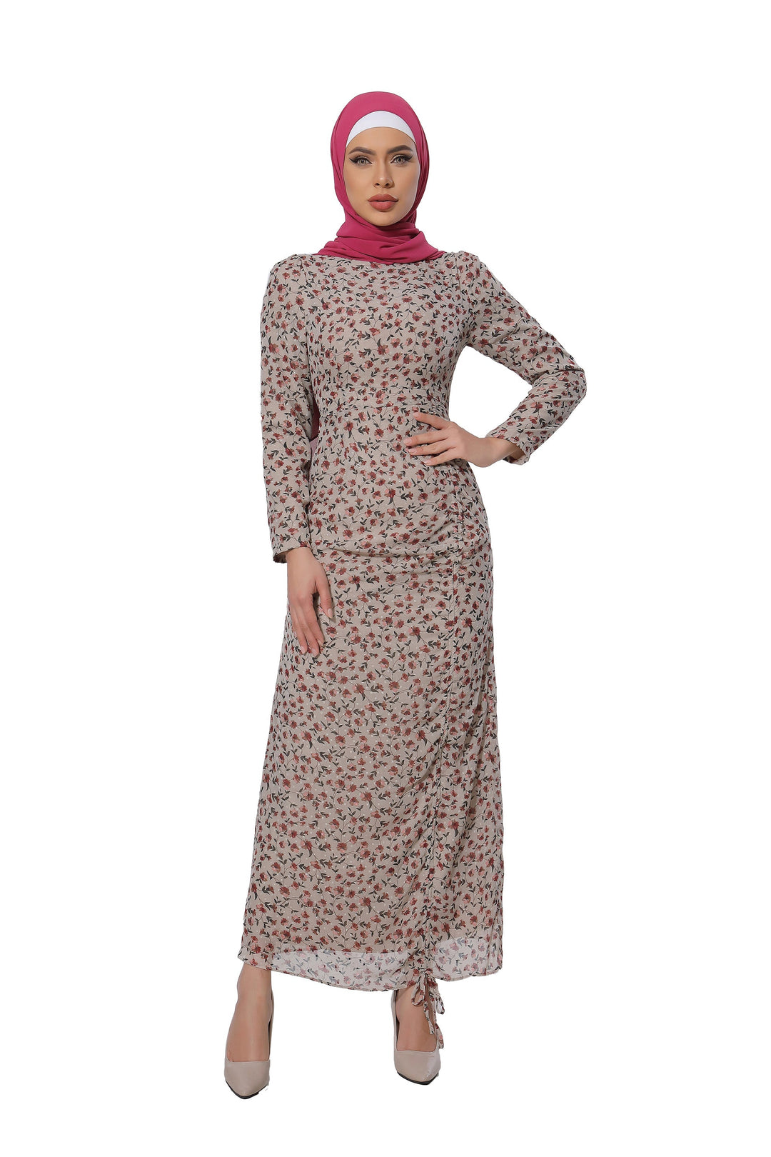 Taupe Rose Ruched Floral Long Sleeve Maxi Dress-CLEARANCE