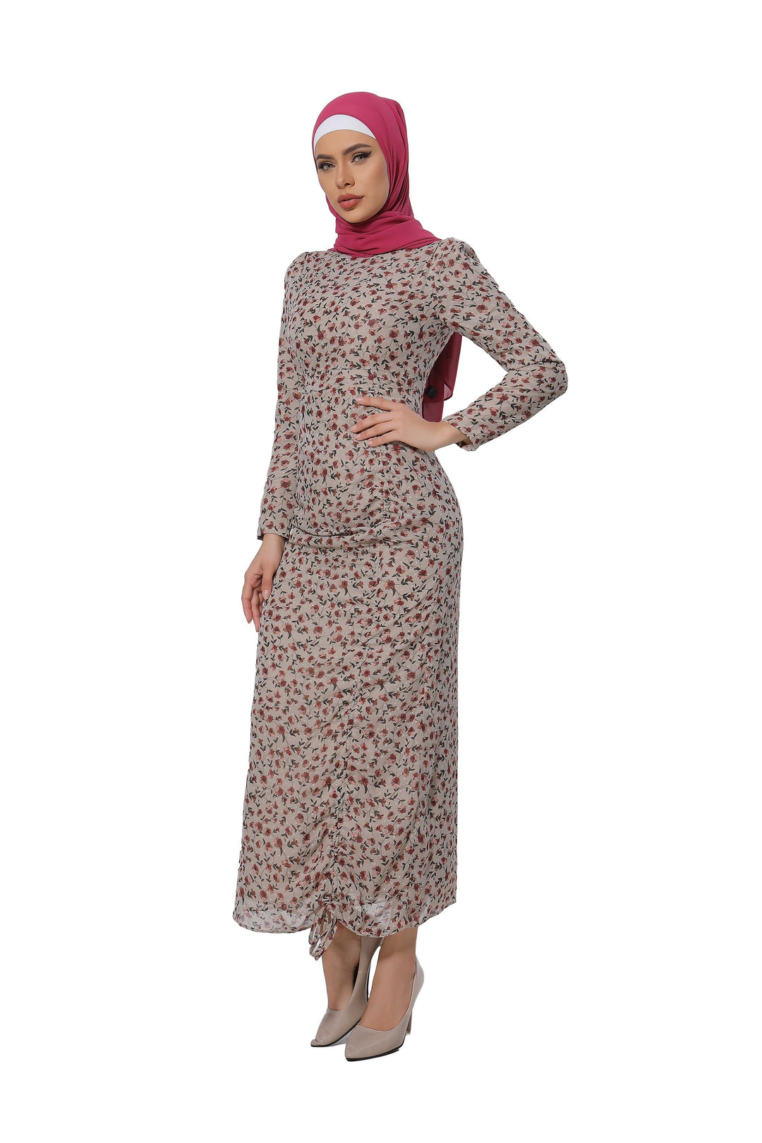 Taupe Rose Ruched Floral Long Sleeve Maxi Dress-CLEARANCE