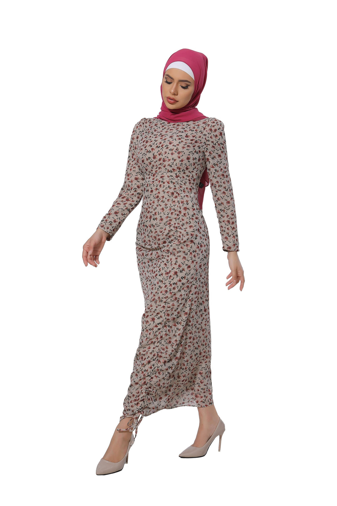 Taupe Rose Ruched Floral Long Sleeve Maxi Dress-CLEARANCE