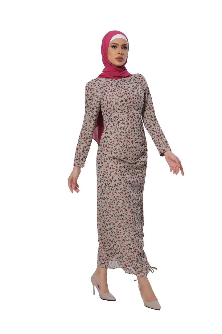 Taupe Rose Ruched Floral Long Sleeve Maxi Dress-CLEARANCE