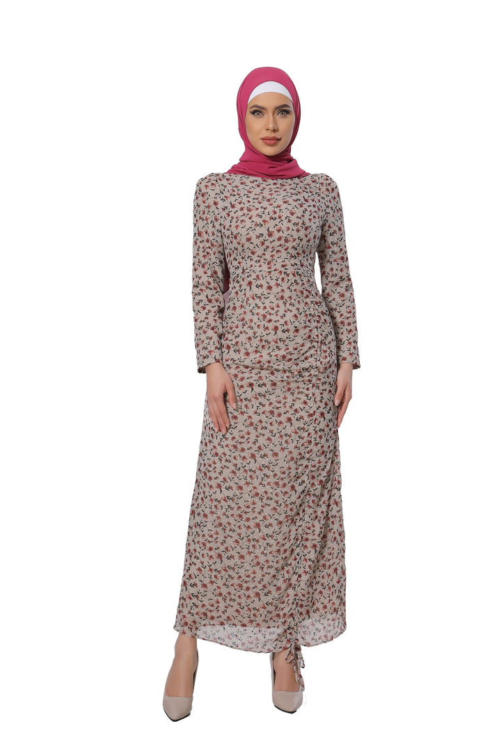 Taupe Rose Ruched Floral Long Sleeve Maxi Dress-CLEARANCE