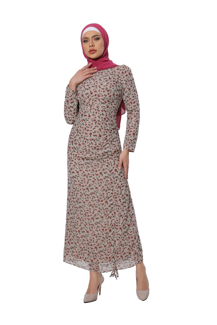 Taupe Rose Ruched Floral Long Sleeve Maxi Dress-CLEARANCE