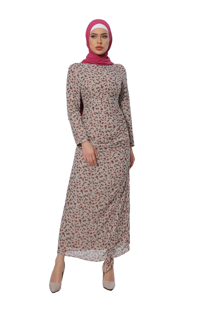 Taupe Rose Ruched Floral Long Sleeve Maxi Dress-CLEARANCE