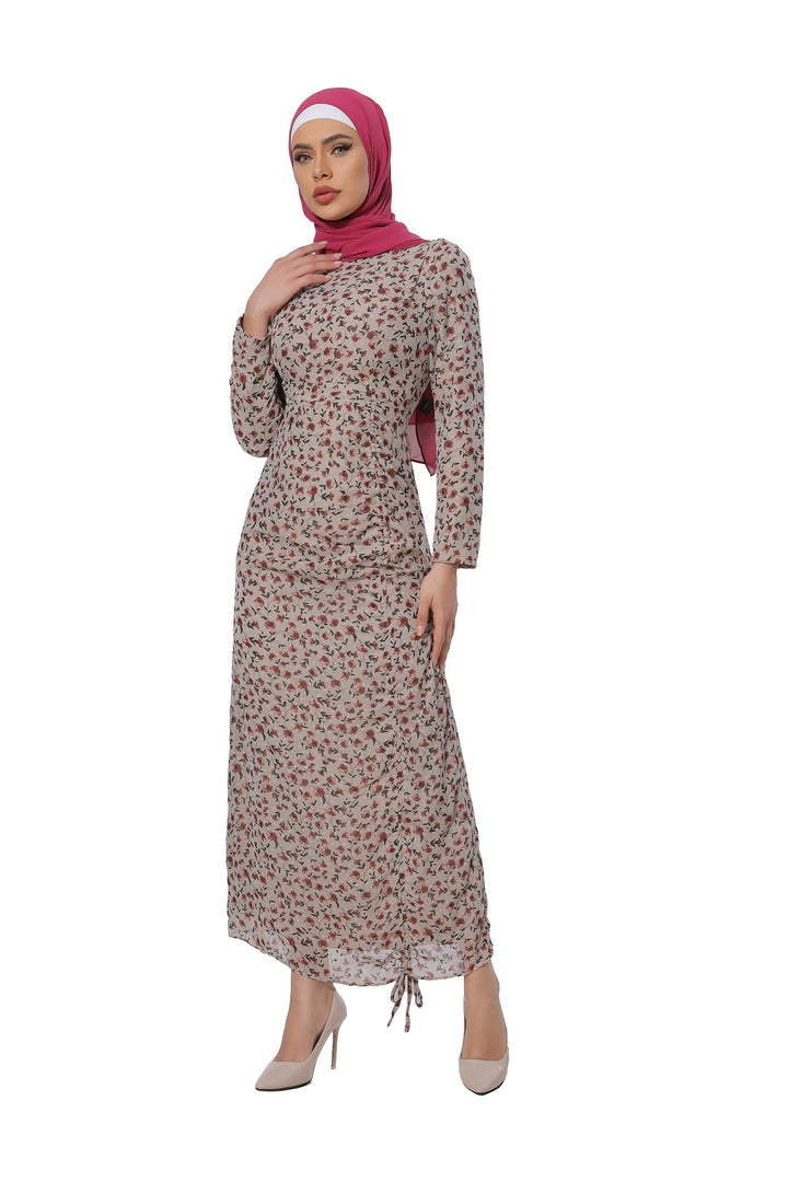 Taupe Rose Ruched Floral Long Sleeve Maxi Dress-CLEARANCE