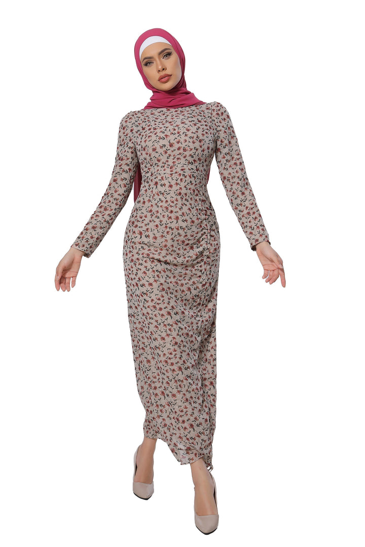 Taupe Rose Ruched Floral Long Sleeve Maxi Dress-CLEARANCE