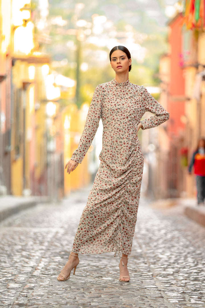 Taupe Rose Ruched Floral Long Sleeve Maxi Dress-CLEARANCE