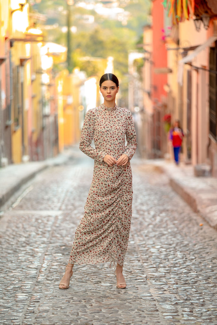 Taupe Rose Ruched Floral Long Sleeve Maxi Dress-CLEARANCE