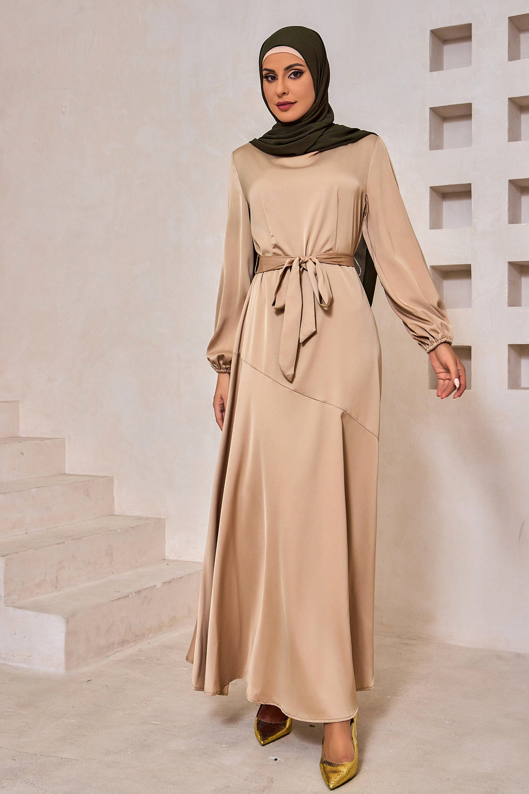 Taupe Satin Long Sleeve Maxi Dress-CLEARANCE