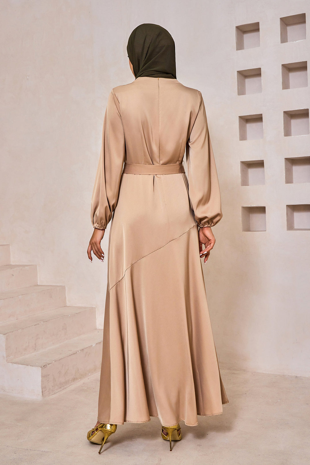 Taupe Satin Long Sleeve Maxi Dress-CLEARANCE