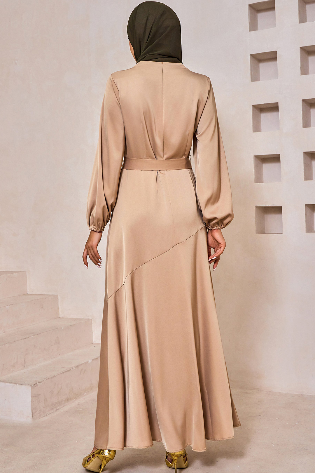 Taupe Satin Long Sleeve Maxi Dress-CLEARANCE