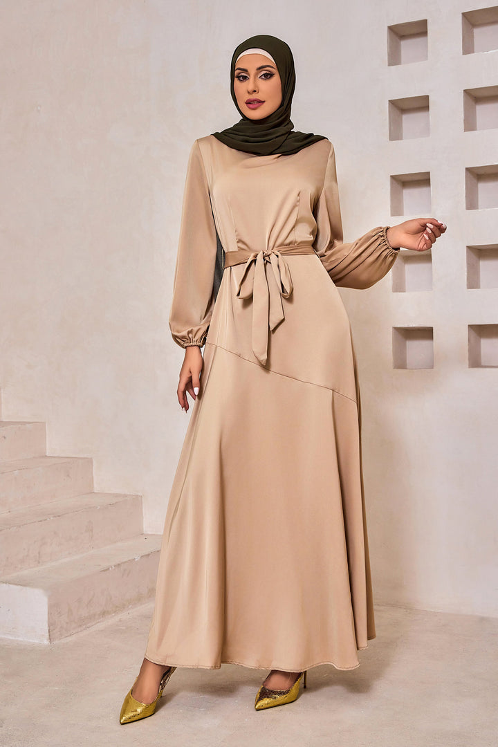 Taupe Satin Long Sleeve Maxi Dress-CLEARANCE