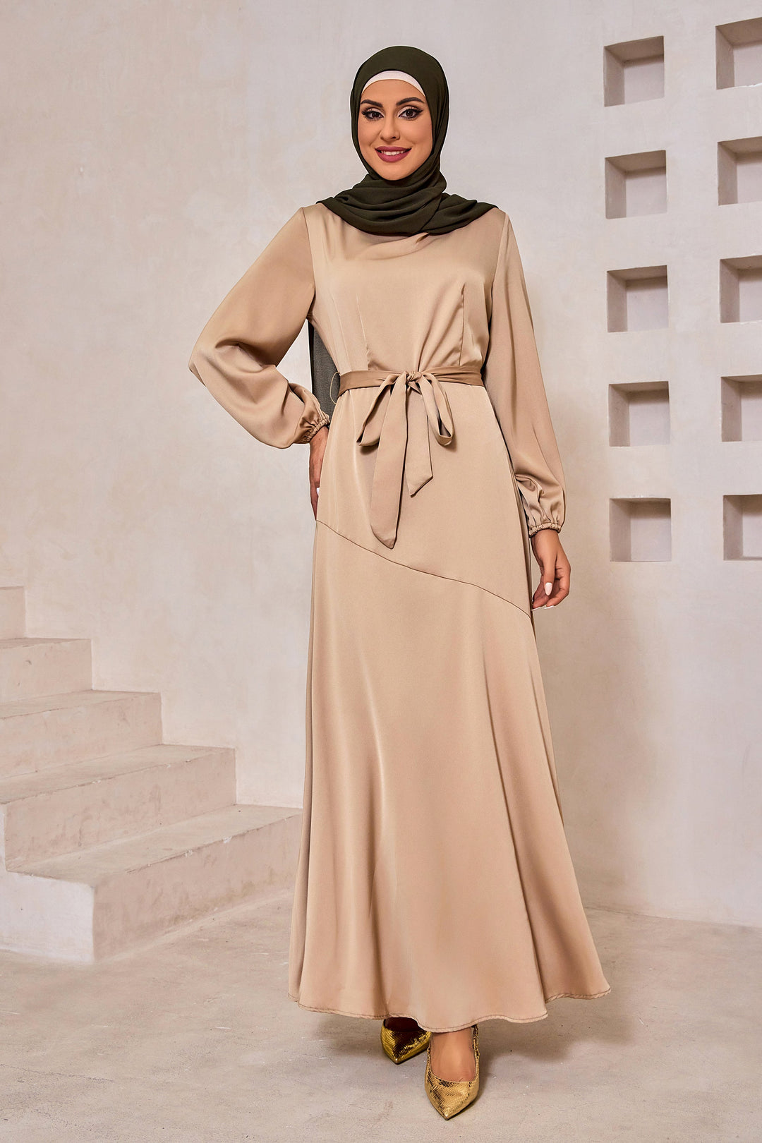 Taupe Satin Long Sleeve Maxi Dress-CLEARANCE